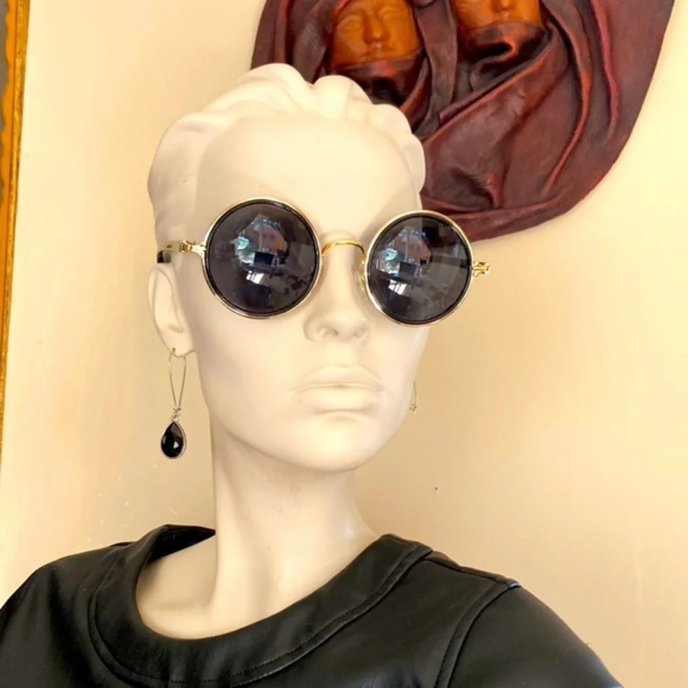 Woman’s Hippie Style Round Gold Toned and Black Frame and Black Lens